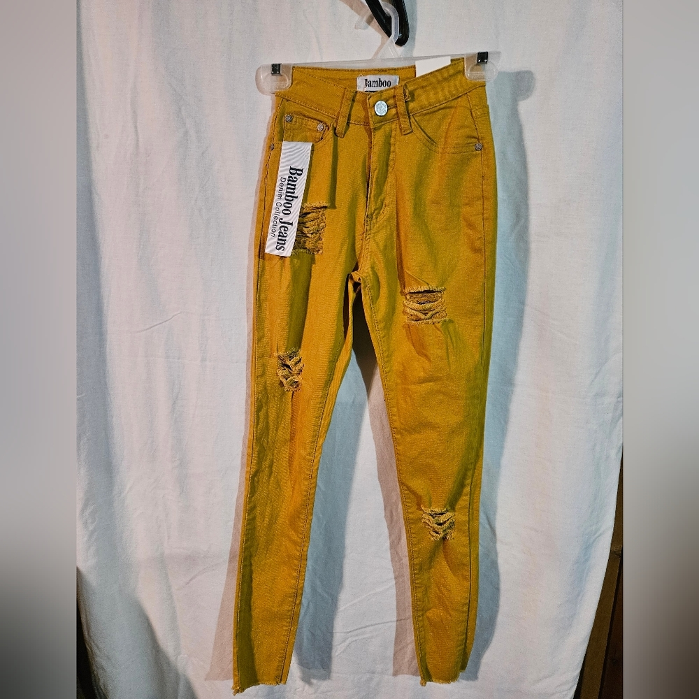 Bamboo Jeans Denim Collection Mustard Color Distressed Size 1 Style: AD1115-MUS